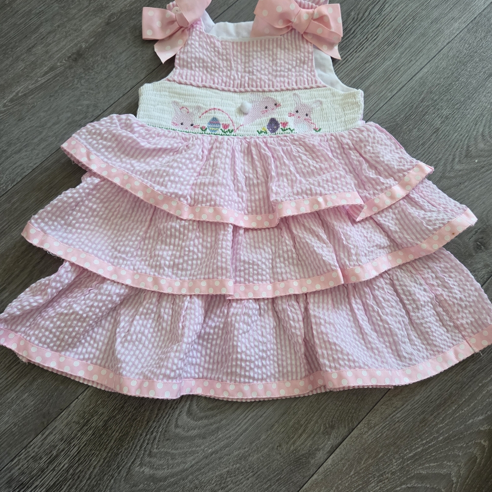 Mud Pie Pink Tiered Smocked Dress with Polka Dot Bows